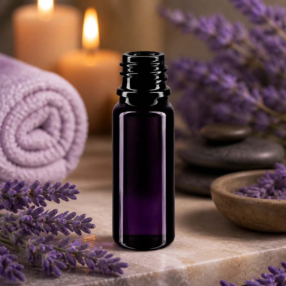 Frasco pequeño de vidrio violeta de 10 ml con rosca DIN 18 ideal para aceite de lavanda y aplicaciones de spa