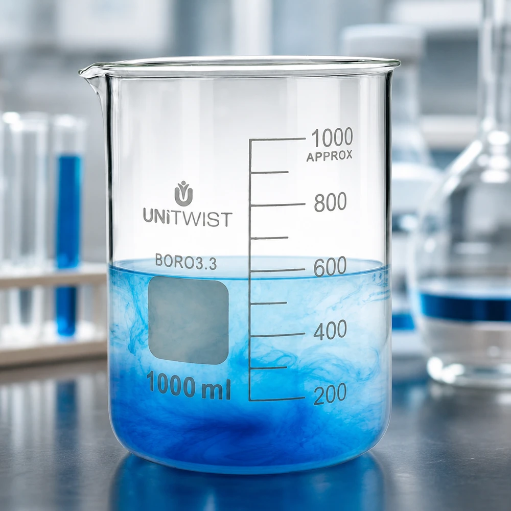 Vaso de precipitados de borosilicato transparente de 1000 ml, de forma baja, con líquido azul y escala de medición