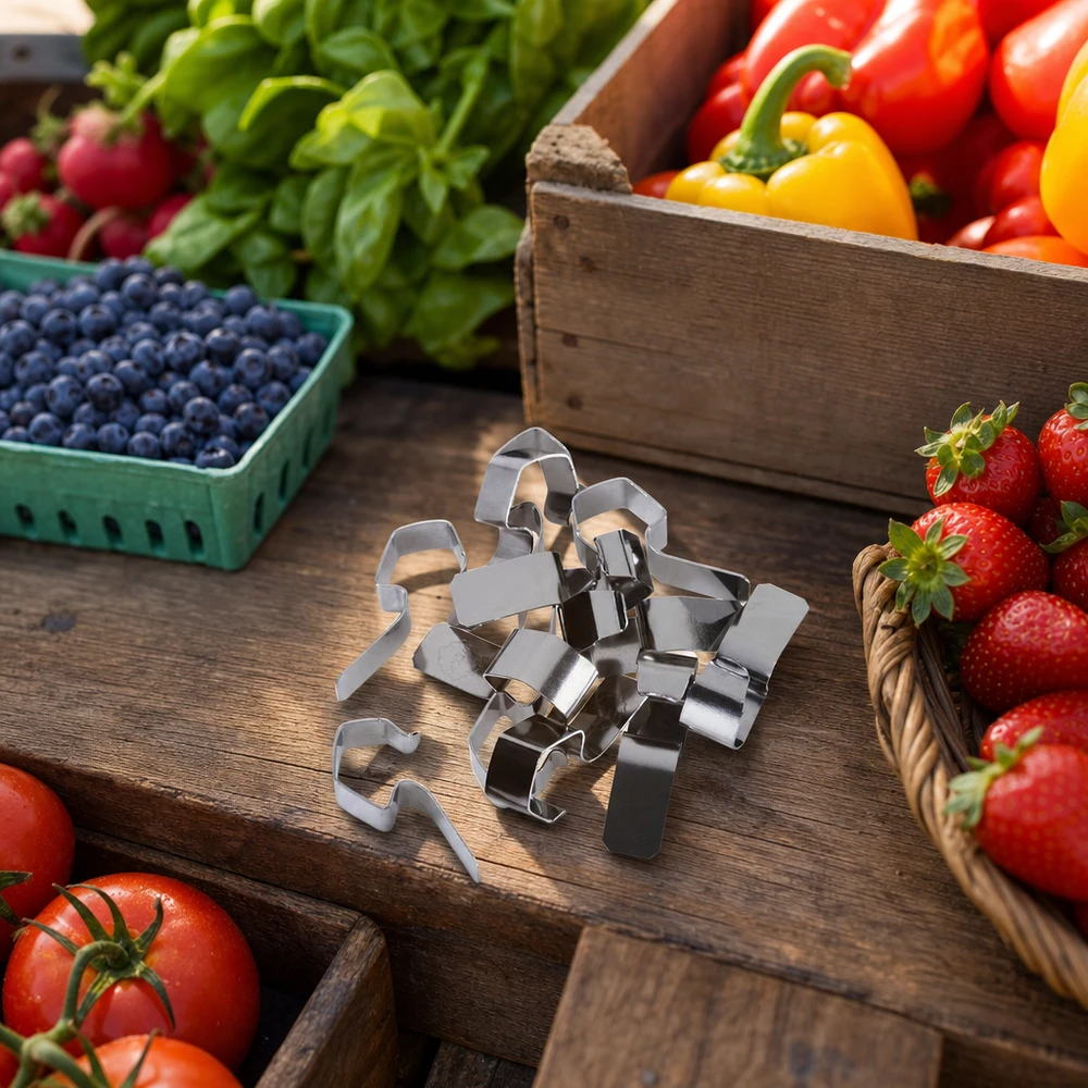 Pinzas para conservas de acero inoxidable rodeadas de verduras frescas, frutas y bayas sobre una mesa de madera rústica Accesorios de cocina