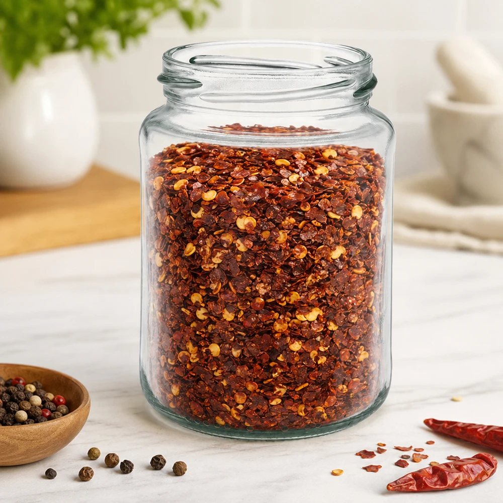 Tarro redondo de 382ml sin tapa (TO66) UNiTWIST UNiTWIST Runda382 vaso redondo 382ml TO66 lleno de chile mezcla de especias en la cocina de luz en la mesa de mármol