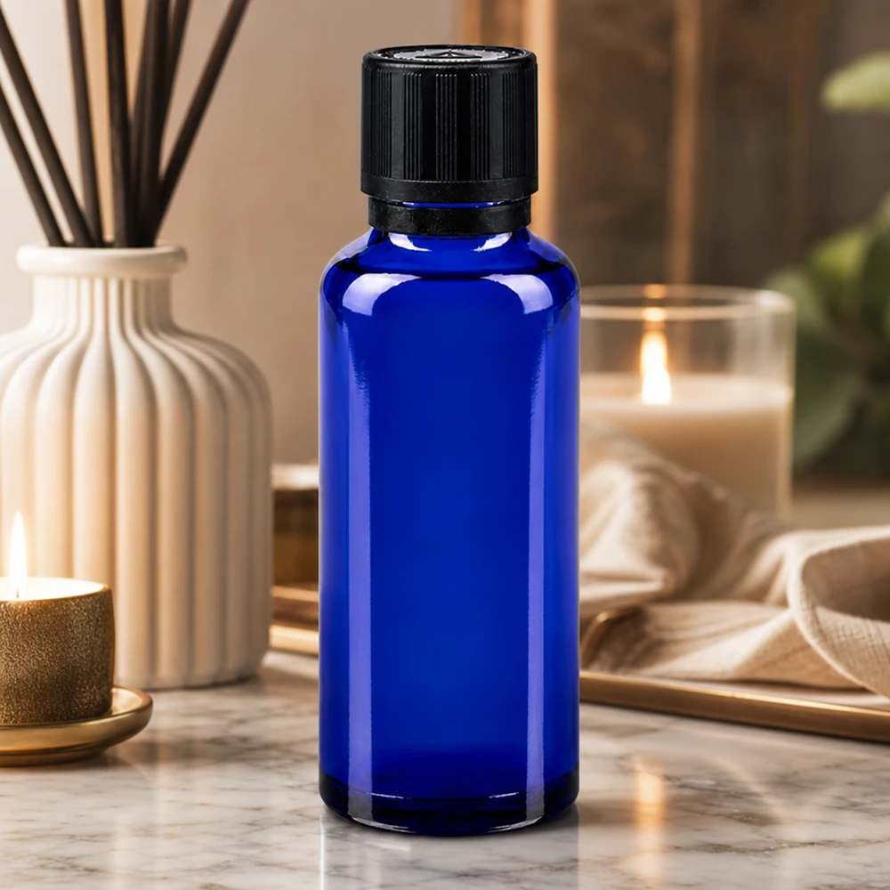 Frasco cuentagotas azul de 30 ml, de cristal de farmacia, con tapón original negro y boquilla de 1 mm