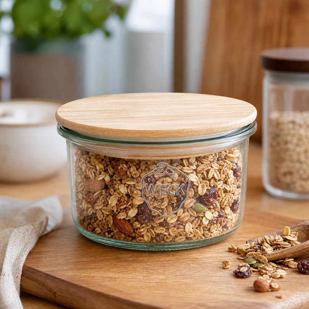 Vaso de 165ml WECK RR80 con tapa de madera WECK RR80 Tarro de 165 ml con tapa de bambú lleno de muesli sobre una tabla de madera en una cocina moderna.