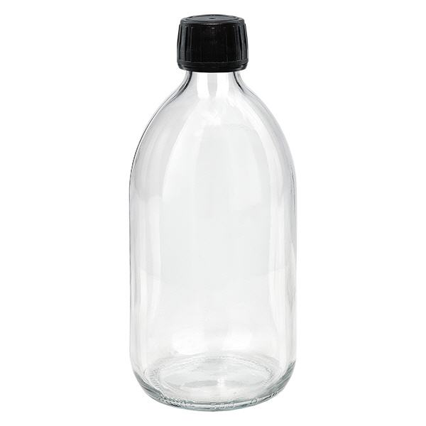 Frasco transparente para medicamentos de 500 ml, tapón negro con precinto de seguridad ApoGlas Frasco transparente para medicamentos de 500 ml, tapón negro con precinto de seguridad ApoGlas