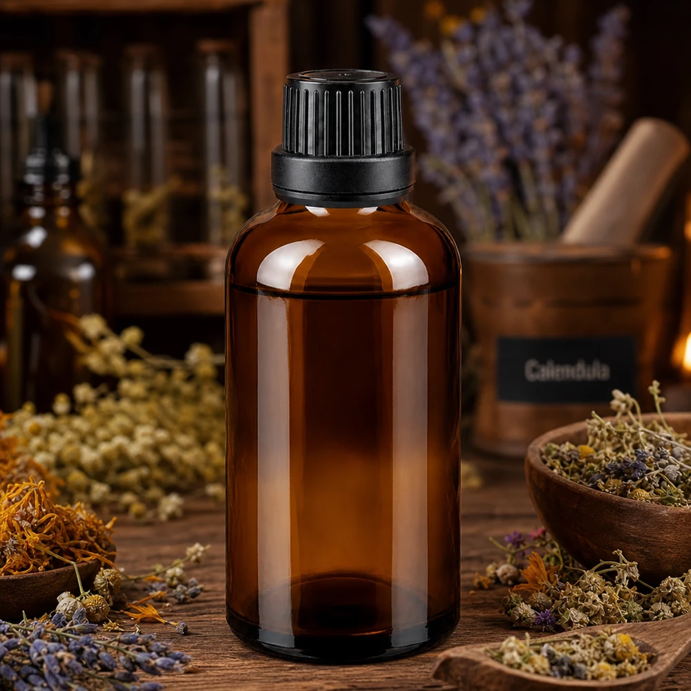 Botella de farmacia marrón 50ml tapón rosca negro cierre inviolable Botella de vidrio ámbar de 50 ml con tapón de seguridad negro, que contiene hierbas medicinales secas y caléndula