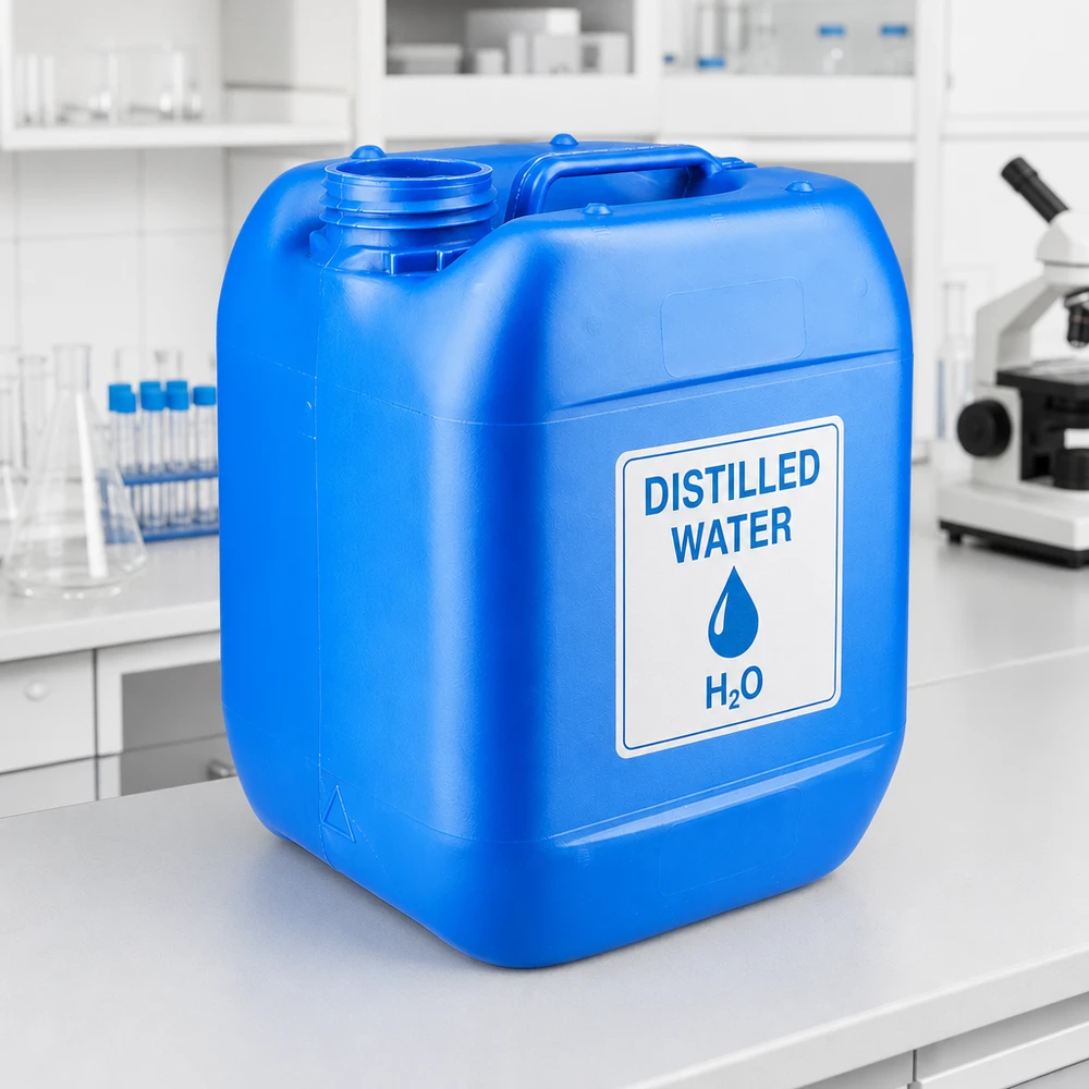Bidón azul de 5 litros sin tapón en el laboratorio, con la inscripción «Agua destilada»