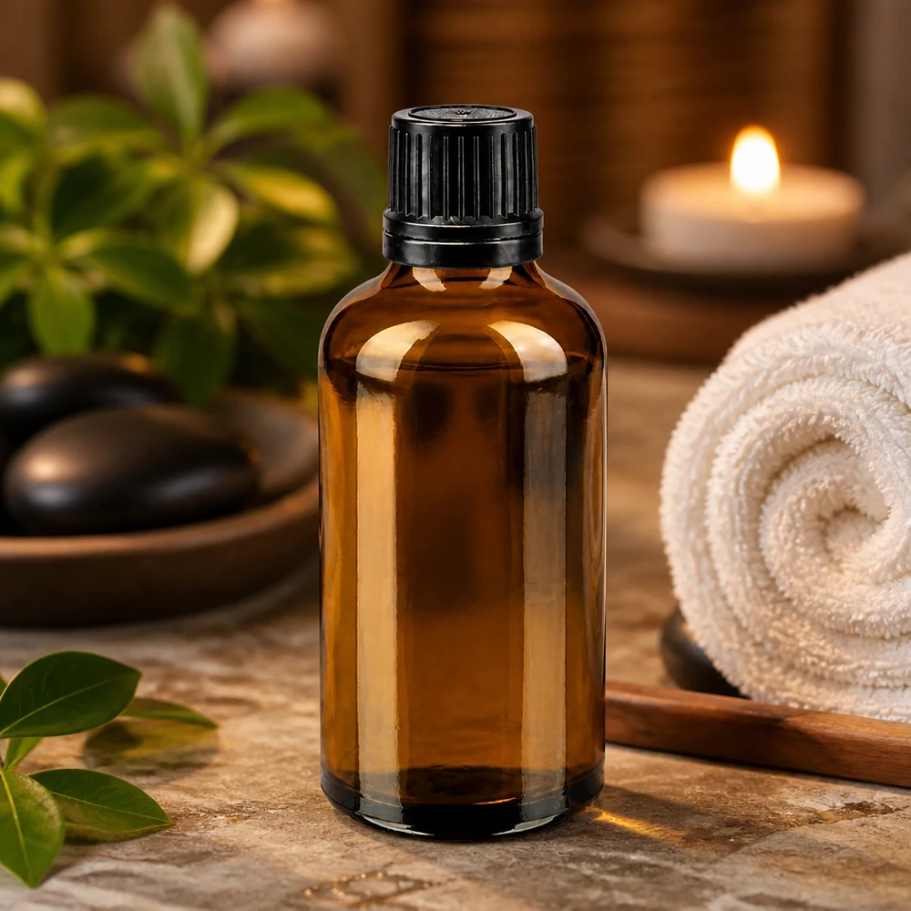 Frasco de vidrio ámbar de 50 ml con tapón OV negro a prueba de niños de 8 mm, Spa Wellness
