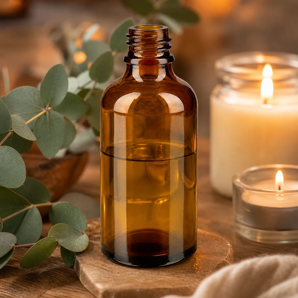 Frasco cuentagotas 50 ml DIN 18 de vidrio ámbar Frasco de farmacia ApoGlas de 50 ml de vidrio marrón con aceite esencial junto a velas y eucalipto