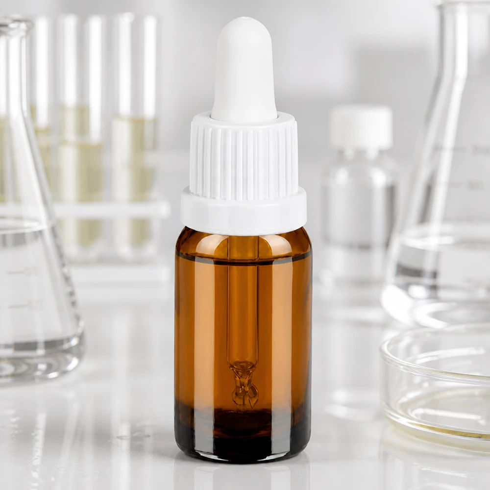 Frasco de pipeta de 10 ml de vidrio ámbar con protección UV y pipeta blanca para un almacenamiento seguro
