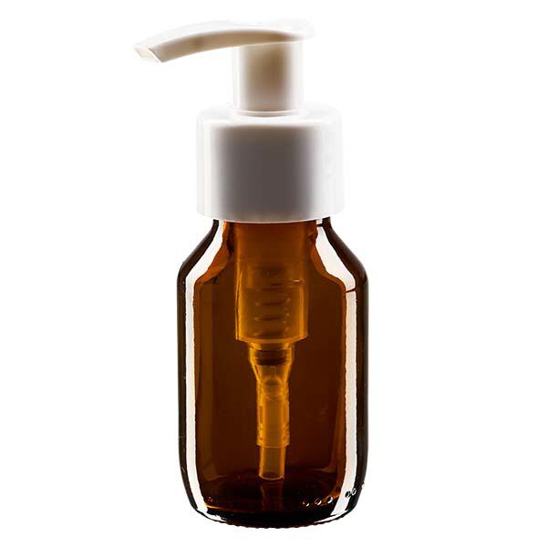 Botella para medicamentos de 50ml marrón, con bomba dispensadora ApoGlas blanca. Botella para medicamentos de 50ml marrón, con bomba dispensadora ApoGlas blanca.