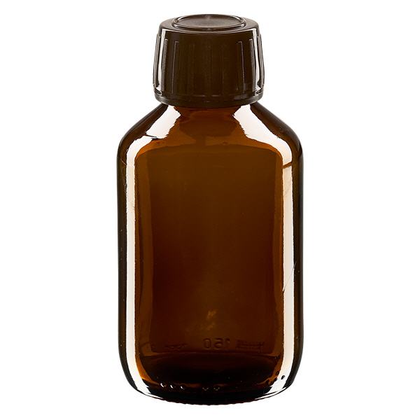 Frasco medicamento 150ml marrón, tapón marrón con precinto de seguridad ApoGlas Frasco medicamento 150ml marrón, tapón marrón con precinto de seguridad ApoGlas