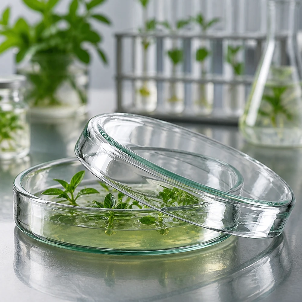 Placas de Petri de vidrio de 60 x 15 mm con brotes de plantas en solución nutritiva, situadas delante de los tubos de ensayo en el laboratorio