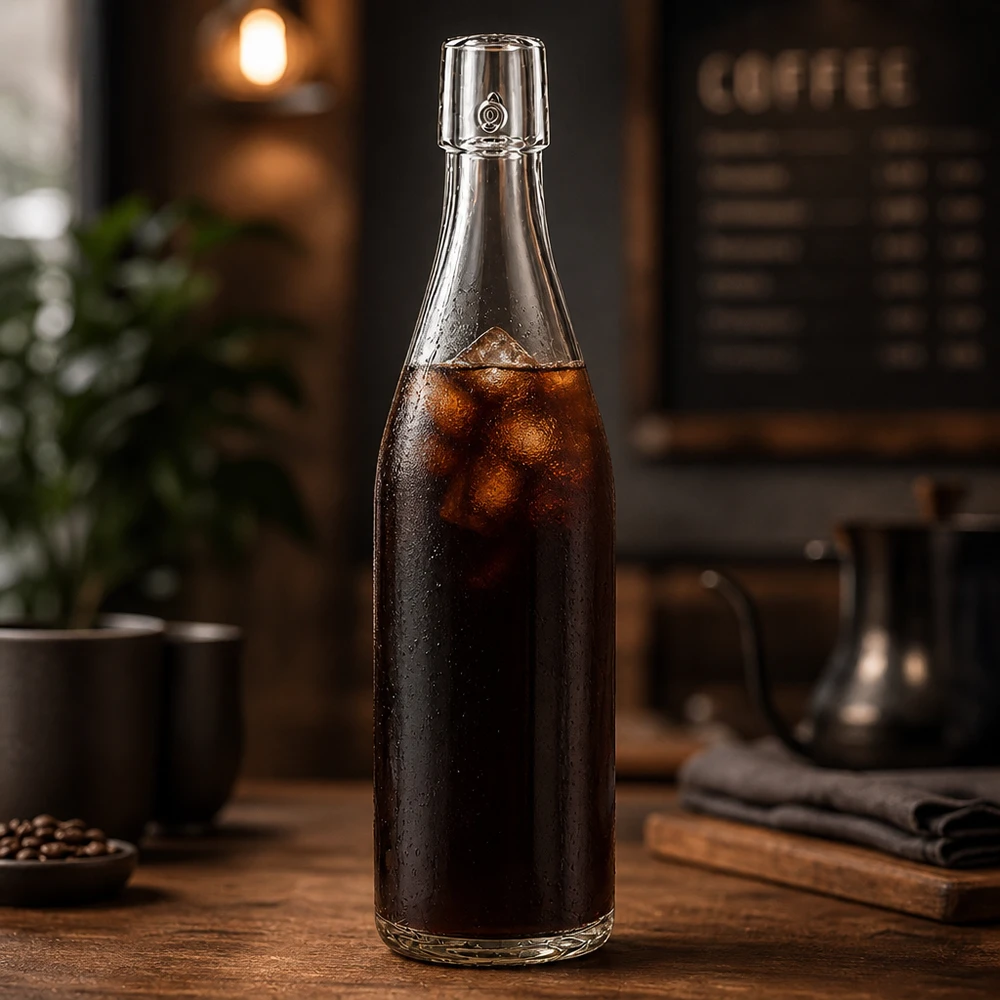 Botella de vidrio de 500 ml sin tapón giratorio UNiTWIST 500ml UNiTWIST Glasflasche mit Cold Brew Kaffee befüllt und Eiswürfeln in stylischer Café-Atmosphäre