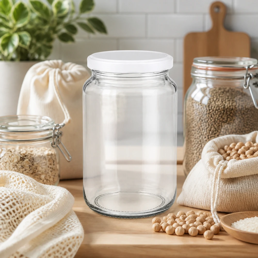 Tarro redondo de 382ml con tapa BasicSeal blanco UNiTWIST 382ml UNiTWIST Rundglas mit weißem BasicSeal Deckel in nachhaltiger Zero-Waste Küche mit Hülsenfrüchten und Stoffbeuteln