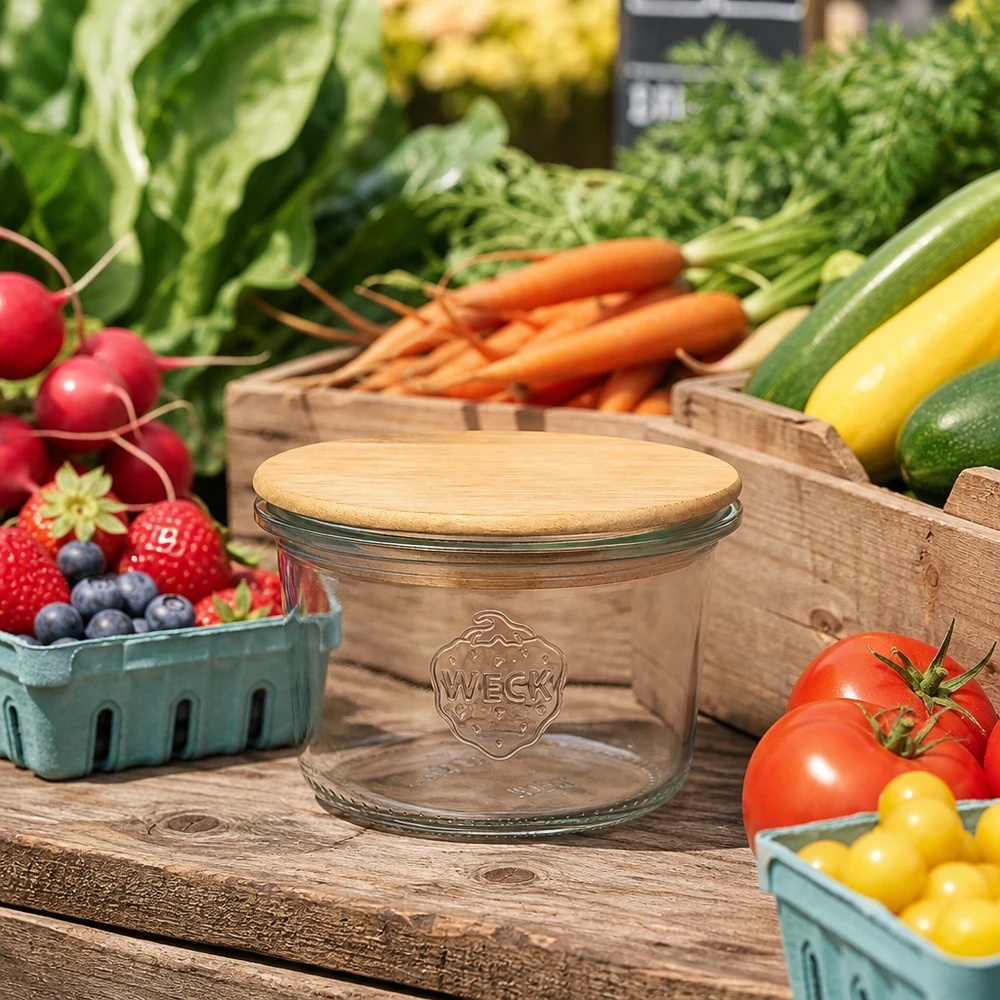 Vasos de 80ml WECK RR60 con tapa de madera WECK Sturzglas 80ml RR60 mit Bambusdeckel auf Holztisch zwischen frischem Gemüse Obst Marktstand Atmosphäre
