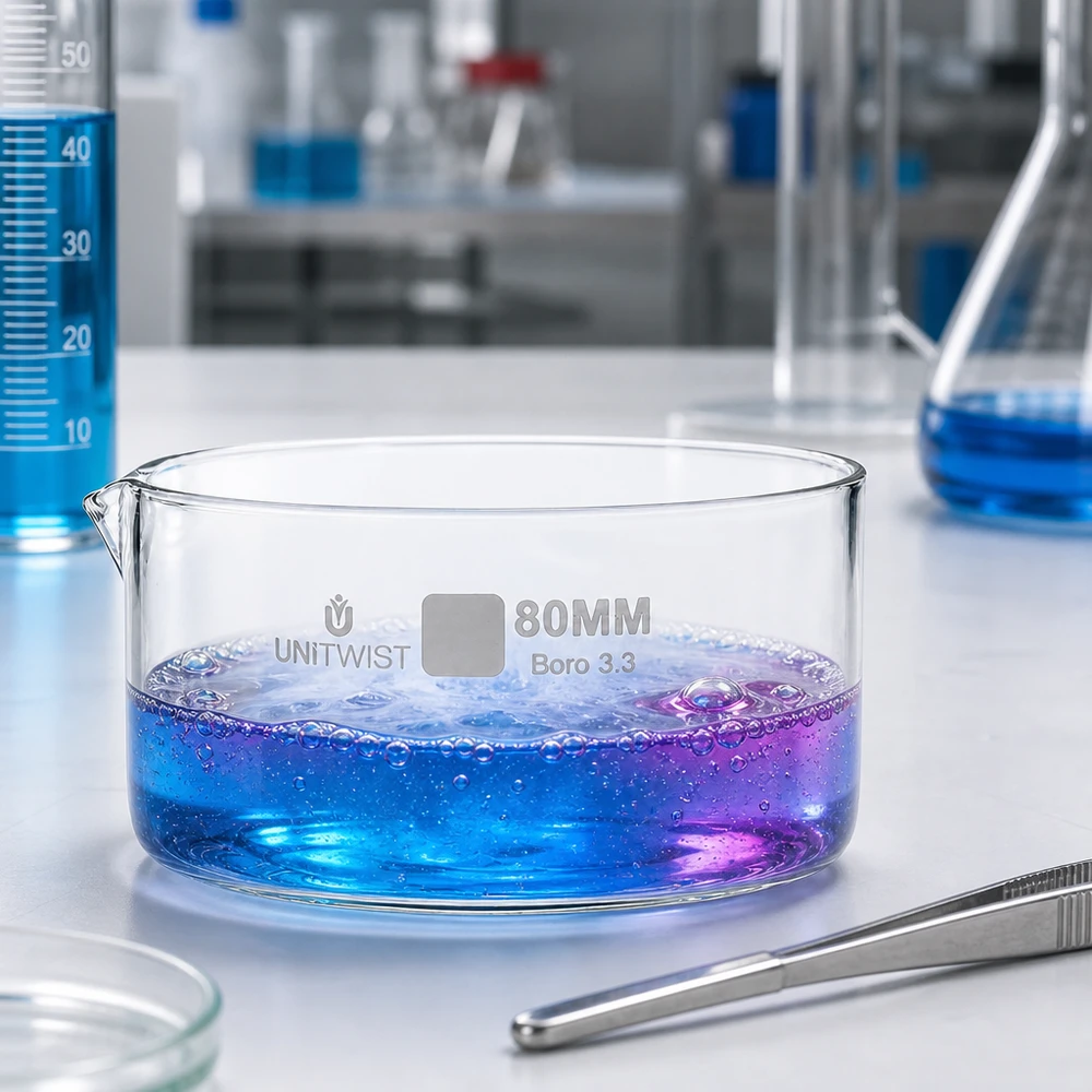 Cristalizador ø80mm vidrio borosilicato UNiTWIST Solución azul violácea en ebullición en una cubeta de cristalización de 80 mm de vidrio borosilicato. Experimento de laboratorio de UNiTWIST