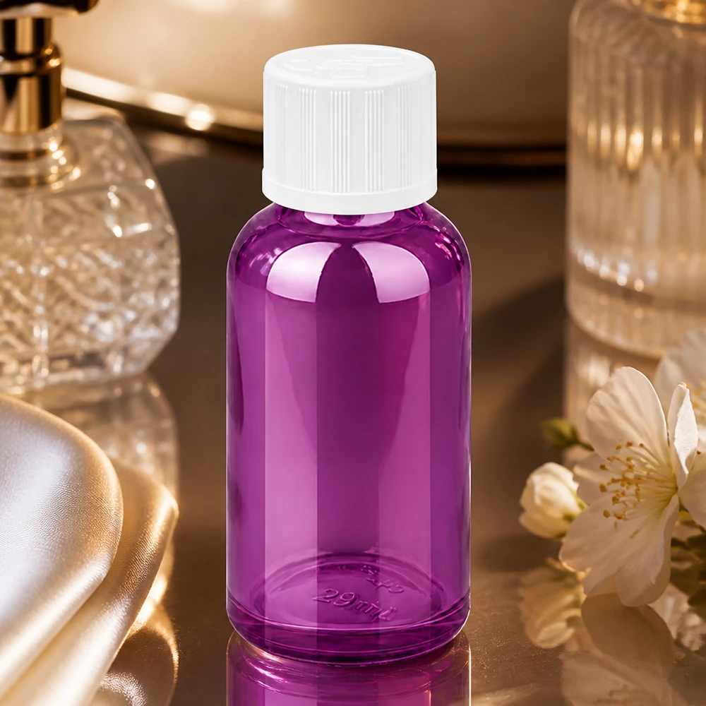 Frasco cuentagotas de 30 ml de alta calidad con abertura de precisión de 1,2 mm en un elegante acabado morado