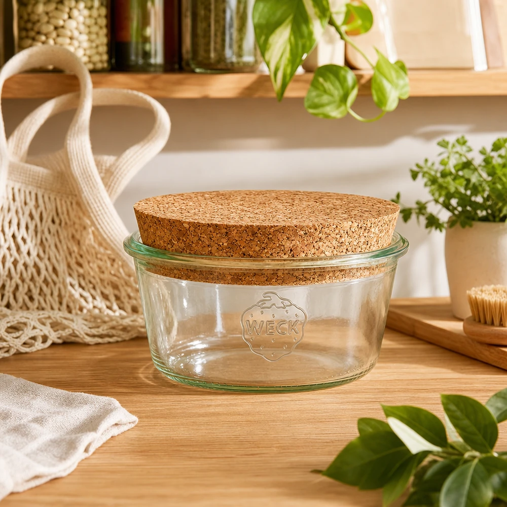 WECK tarro de almacenamiento 290ml RR100 con tapa de corcho en cocina sostenible de residuo cero con plantas y bolsa de malla