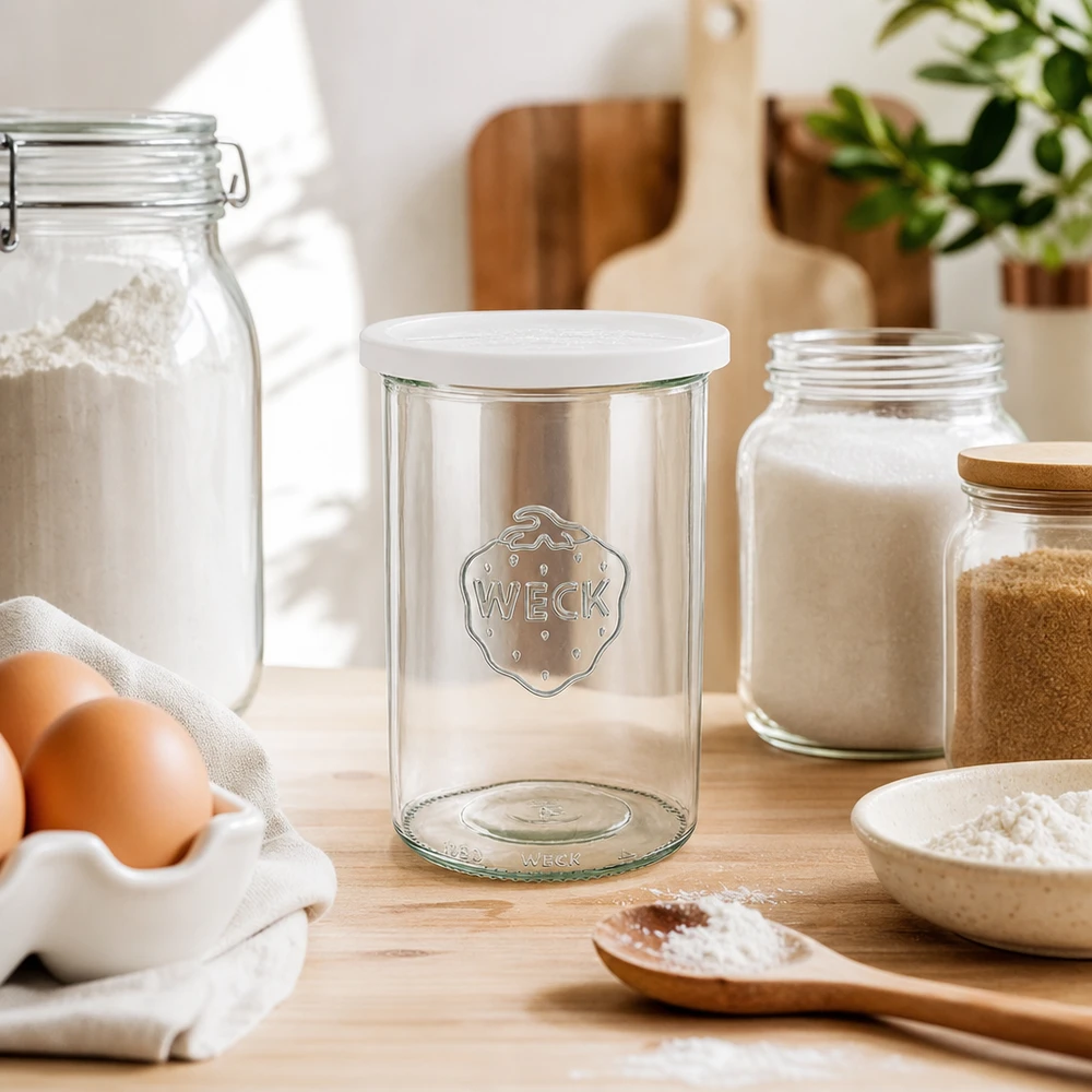 WECK tarro giratorio 1000ml RR100 tarro de conserva vacío con tapa fresco entre harina huevos y utensilios de cocina muestra hornear accesorios