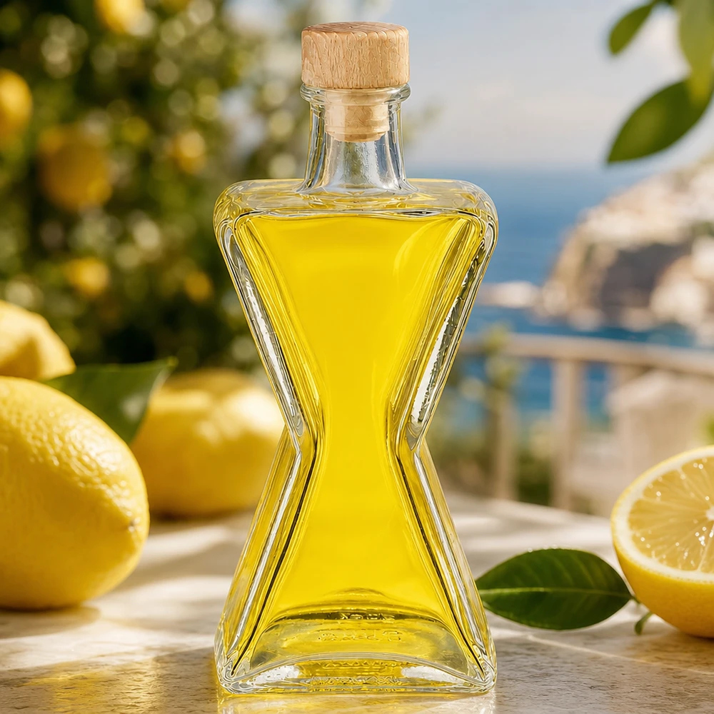 Botella de cristal Star de 200 ml llena de aceite amarillo junto a los limones - Tapón de madera UNiTWIST para limoncello y licores