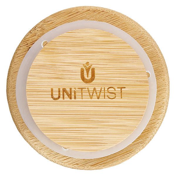Botella de zumo de 290ml Edition RR60 con tapa de madera Tapa de madera UNITWIST RR60 vista superior con logotipo grabado con láser y junta de silicona transparente para tarros WECK