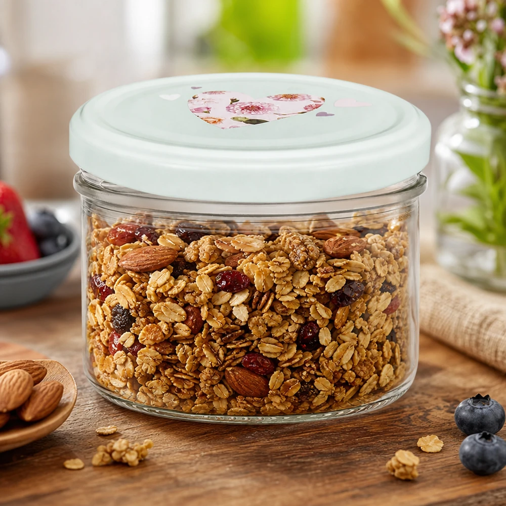 230ml tarro cilíndrico + tapa BasicSeal corazón menta Tarro cilíndrico de 230 ml con tapa BasicSeal corazón menta relleno de muesli frutos secos sobre base de madera