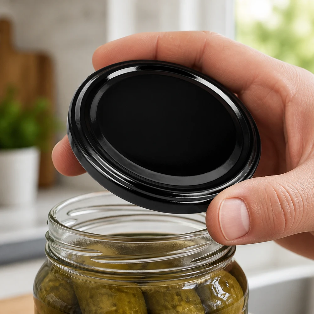 Se retira la tapa UNiTWIST TO48 negra BioSeal sin BPA del tarro de conservas de pepinillos