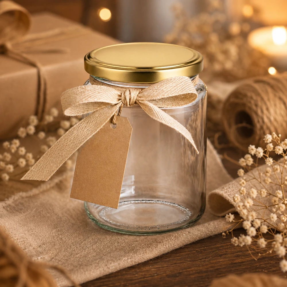 Tarro para miel de 450 g con tapa dorada BasicSeal UNiTWIST Tarro de miel de 450 g vacío con cinta y etiqueta de regalo decoración rústica Tarro BasicSeal como envase de regalo