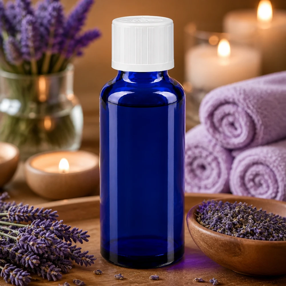 Botella de farmacia azul 30ml tapón de rosca blanco a prueba de niños estándar Frasco de cristal azul de 30 ml con tapón de seguridad para niños de color blanco, con flores de lavanda y velas de fondo