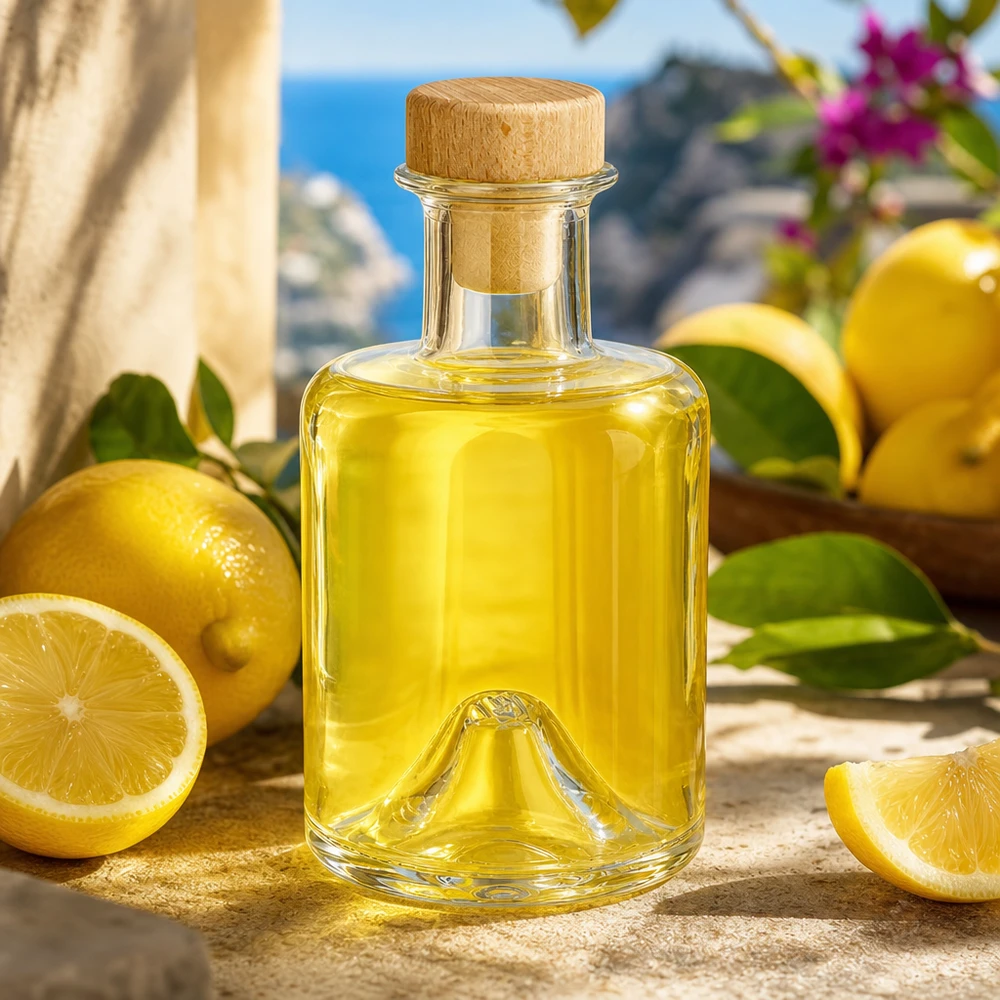 Botella de farmacia de 200 ml «Sofia» con tapón de corcho con asa de madera UNiTWIST® 200ml Glasflasche Sofia mit Holzkorken gefüllt mit Zitronenöl in mediterraner Küche mit frischen Zitronen