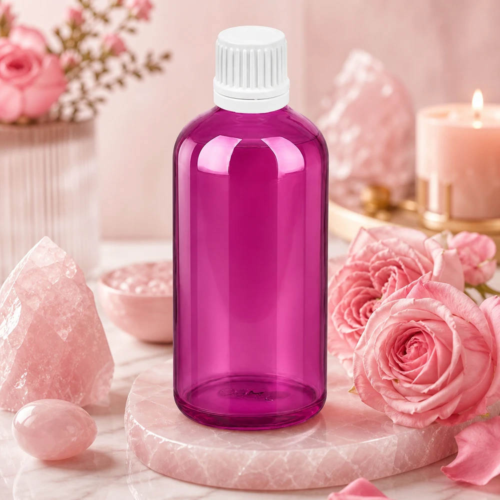 Frasco cuentagotas compacto de 100 ml en diseño morado con protección UV para sustancias fotosensibles