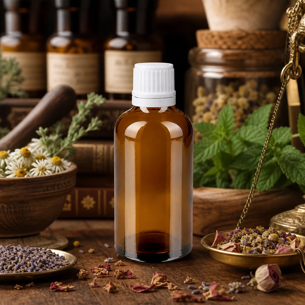 Frasco de vidrio ámbar de 50 ml con tapón de rosca blanco, entre hierbas medicinales y flores secas