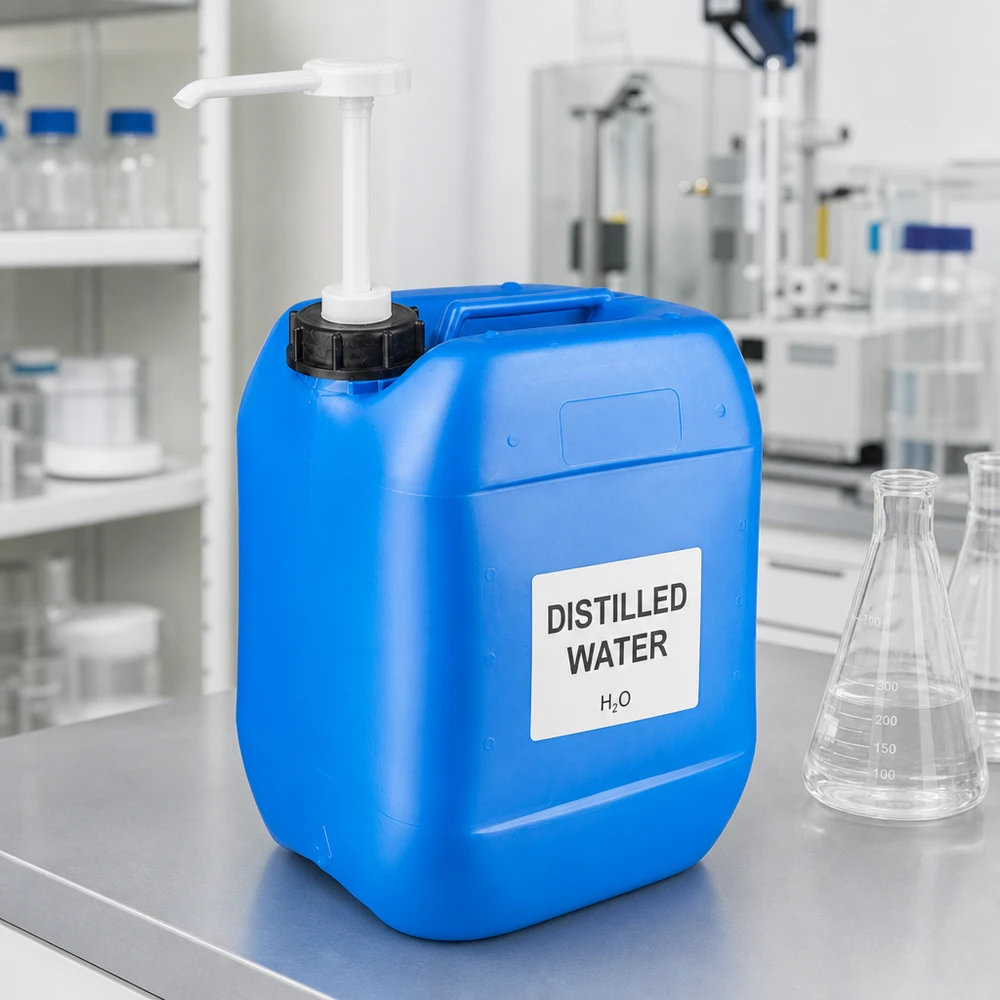 Bidon 10 litros azul con bomba dosificadora Bidón de laboratorio azul de 10 litros con bomba dosificadora, lleno de agua destilada, sobre una mesa de acero inoxidable