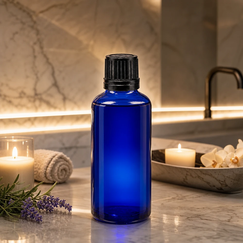 Botella de farmacia azul 50ml tapón cuentagotas anillo vertedor 1mm negro cierre inviolable Frasco protector contra la luz azul de 50 ml con tapón cuentagotas negro, en un elegante ambiente de spa