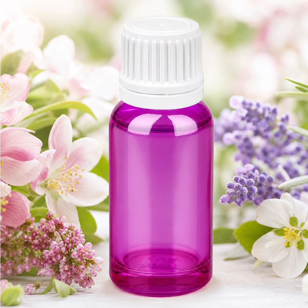 Elegante frasco de vidrio violeta de 20 ml con tapón SV blanco para esencias y extractos de alta calidad