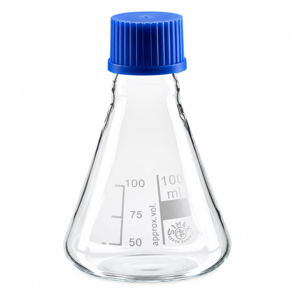 Matraz Erlenmeyer 100ml con tapón de rosca Matraz Erlenmeyer de 100 ml de vidrio con tapón de rosca azul para aplicaciones de laboratorio