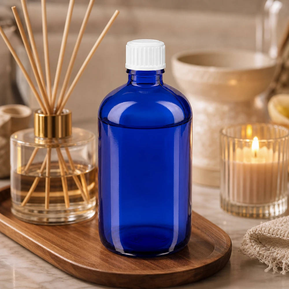 Botella de farmacia azul 100ml tapón rosca blanco estándar Frasco redondo de farmacia de 100 ml, de cristal azul cobalto, con tapón de rosca blanco, sobre una bandeja de madera