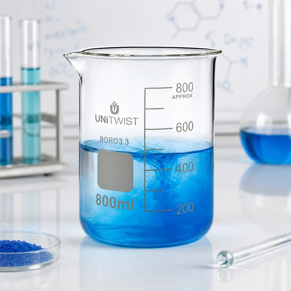 Vaso 800 ml borosilicato, molde bajo UNiTWIST Fotografía de laboratorio: vaso de precipitados UNiTWIST de 800 ml, borosilicato 3.3, de perfil bajo, con una solución azul