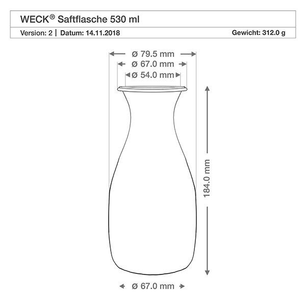 WECK Saftflasche 530ml technische Zeichnung mit Maßangaben Durchmesser Höhe Gewicht Spezifikation Produktdetails