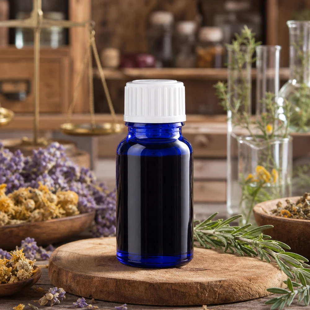 Frasco azul de 10 ml con tapón de rosca blanco, rodeado de lavanda y hierbas medicinales