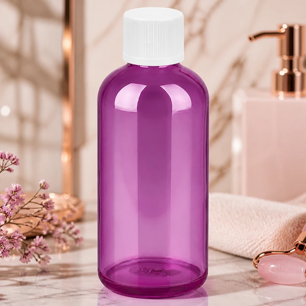 Botella de 100ml 11mm tapón de rosca blanco estándar a prueba de niños PurpleLine. UT18/100 Frasco cosmético de 100 ml de plástico de alta calidad en elegante color morado con tapón de seguridad