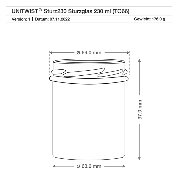Vasos de 230ml sin tapa (TO66) UNiTWIST UNITWIST Sturz230 vasos 230ml TO66 dibujo técnico con dimensiones 69mm diámetro 97mm altura peso 176g