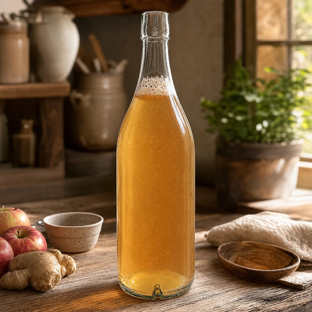 Botella de cristal de 1000 ml de UNiTWIST con contenido dorado sobre una mesa de madera junto a manzanas y jengibre en una cocina rústica