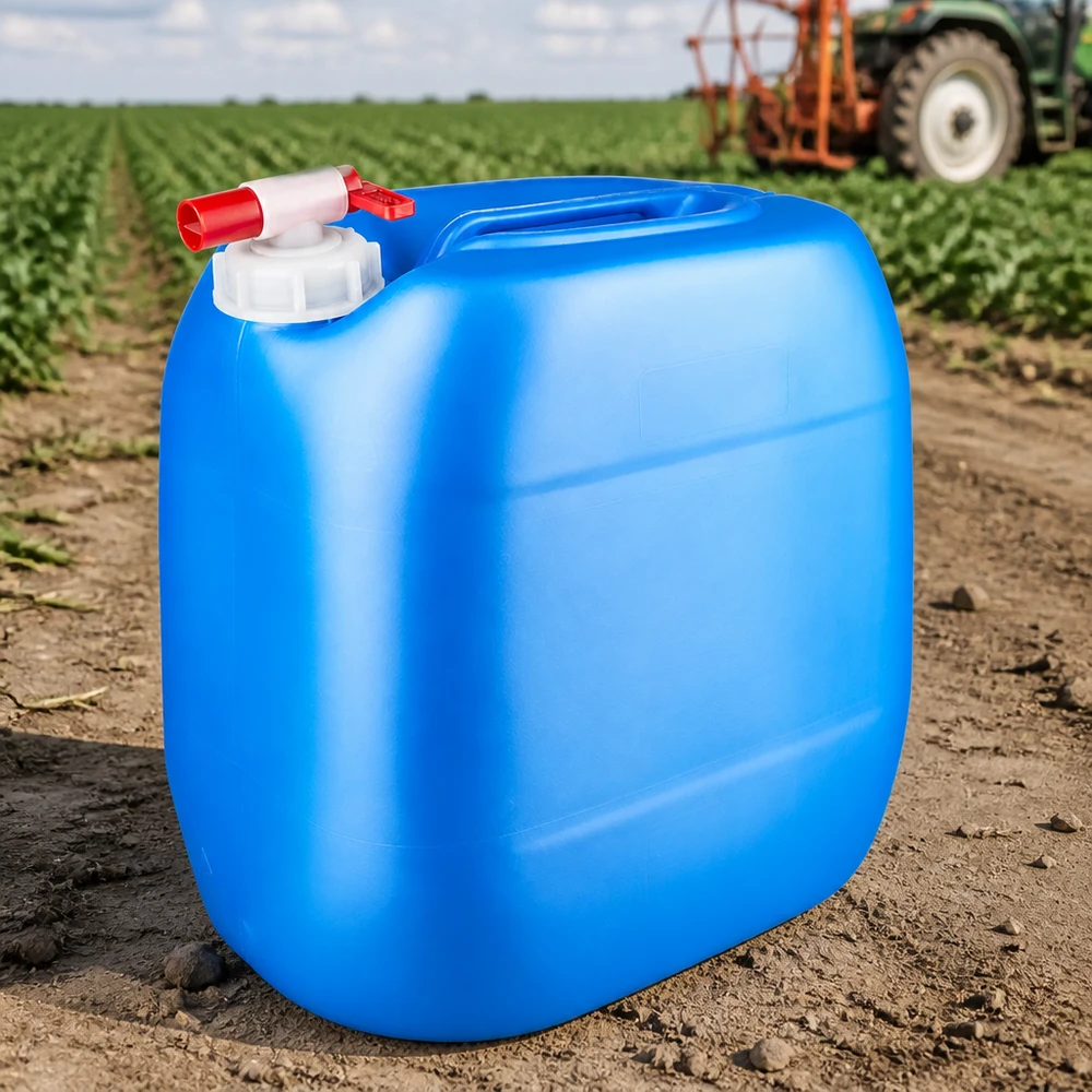 Bidón azul de 30 litros con grifo de salida en un campo de cultivo, delante de un tractor y un sistema de pulverización
