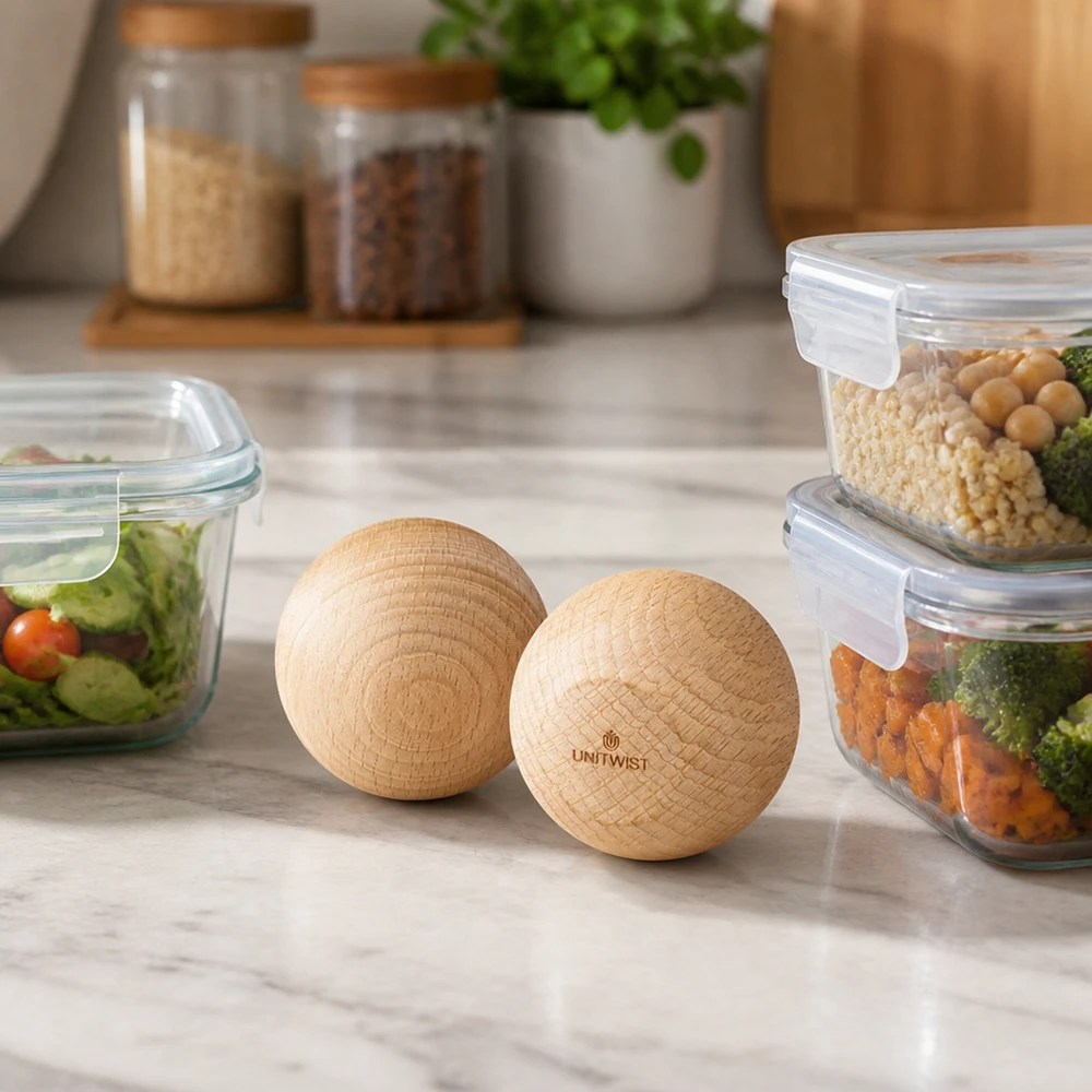 Bola de madera UNiTWIST (haya) para WECK RR60 UNiTWIST bolas de madera de haya WECK RR60 en una cocina moderna con cajas de preparación de comidas y tarros de almacenamiento Escena de estilo de vida