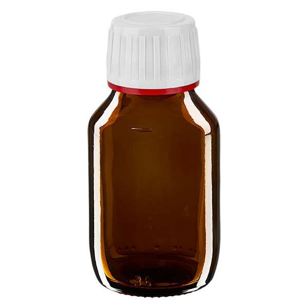 Frasco medicamento 50ml marrón, tapón blanco con precinto de seguridad rojo ApoGlas Frasco medicamento 50ml marrón, tapón blanco con precinto de seguridad rojo ApoGlas