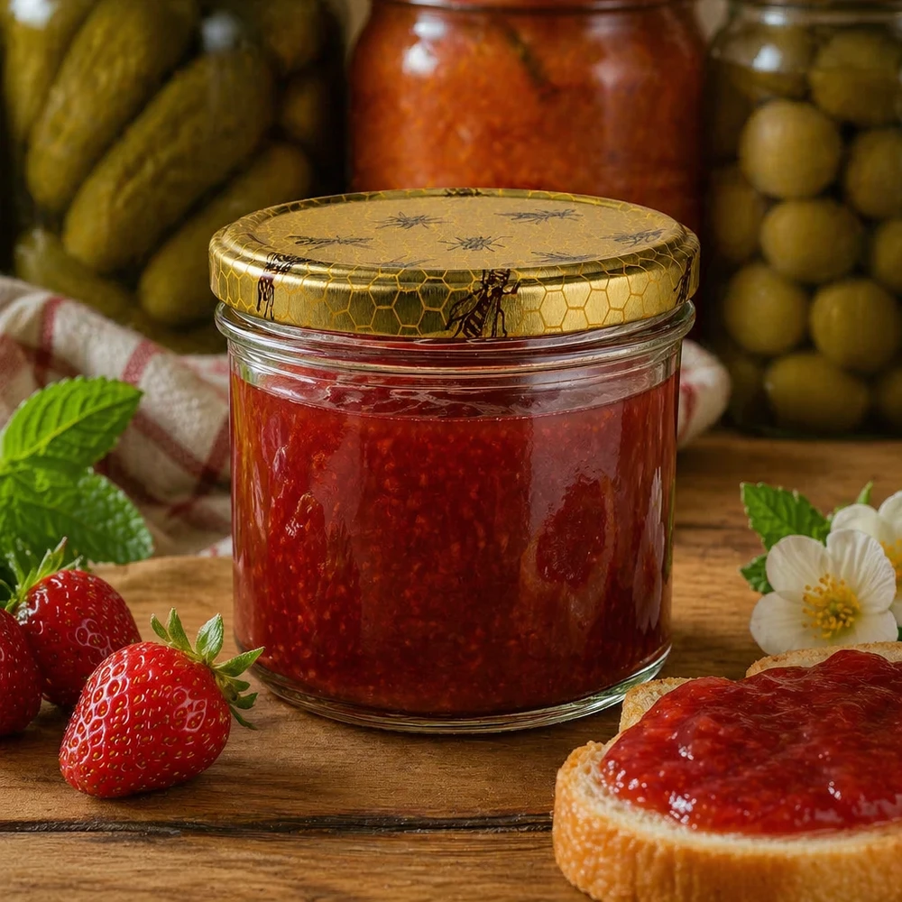 Tarro de miel de 250 g lleno de mermelada junto a fresas frescas y pan sobre una mesa de madera