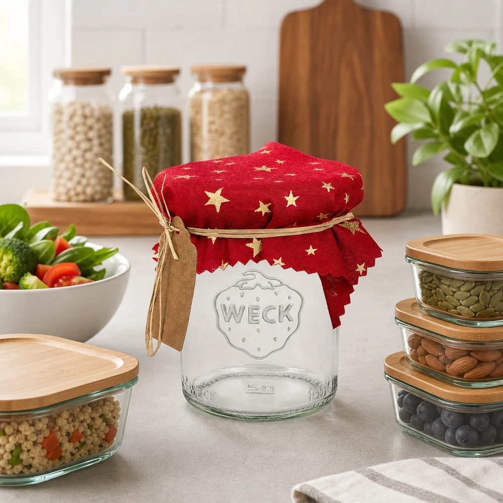 Mantel de tela de estrellas rojas 12cm sobre mesa de cocina de cristal WECK vacía con tarros de almacenaje y verduras frescas Ambiente