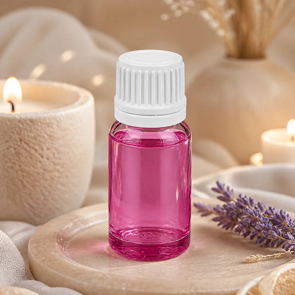 Frasco compacto de vidrio violeta de 10 ml con tapón blanco ideal para viajar y para llevar