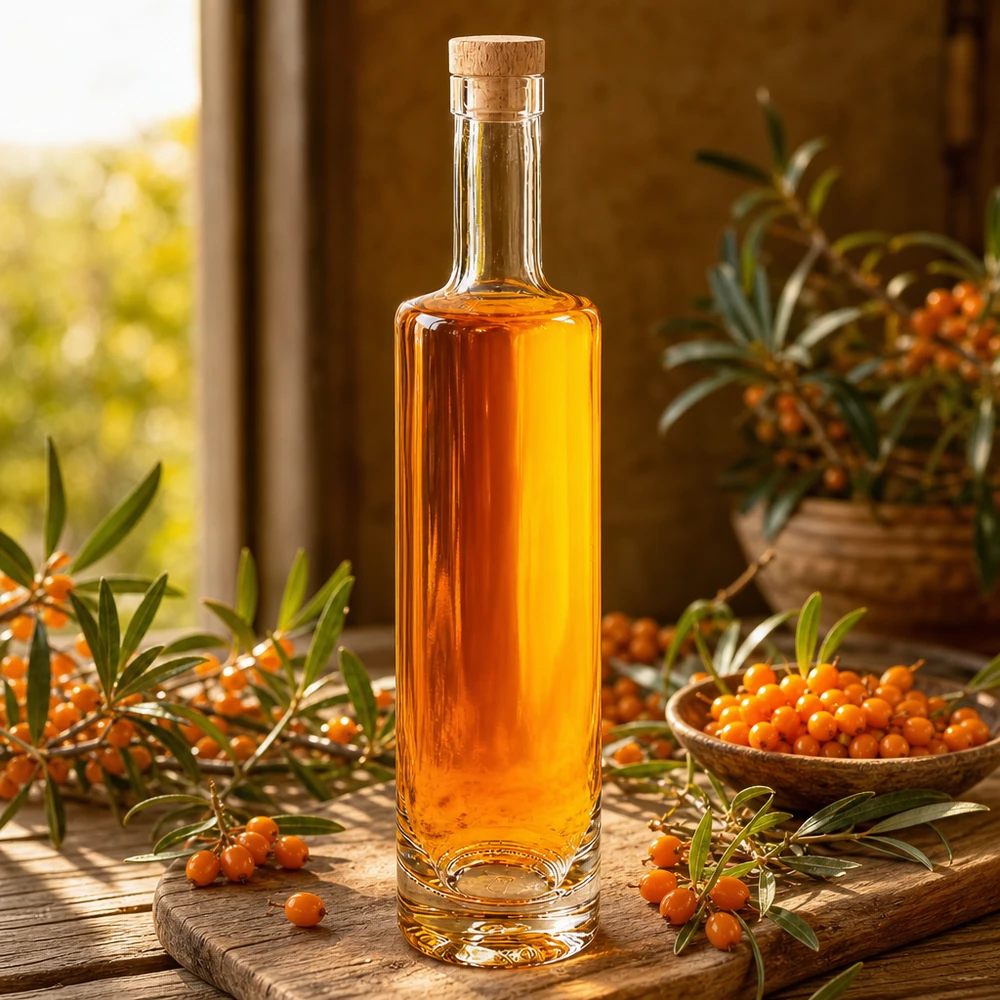 Botella de vidrio de 500 ml «Lina» con tapón de corcho con asa de madera UNiTWIST® 500ml Glasflasche Lina mit Holzkorken gefüllt mit Sanddornöl zwischen Sanddornbeeren warmes Sonnenlicht Ambiente