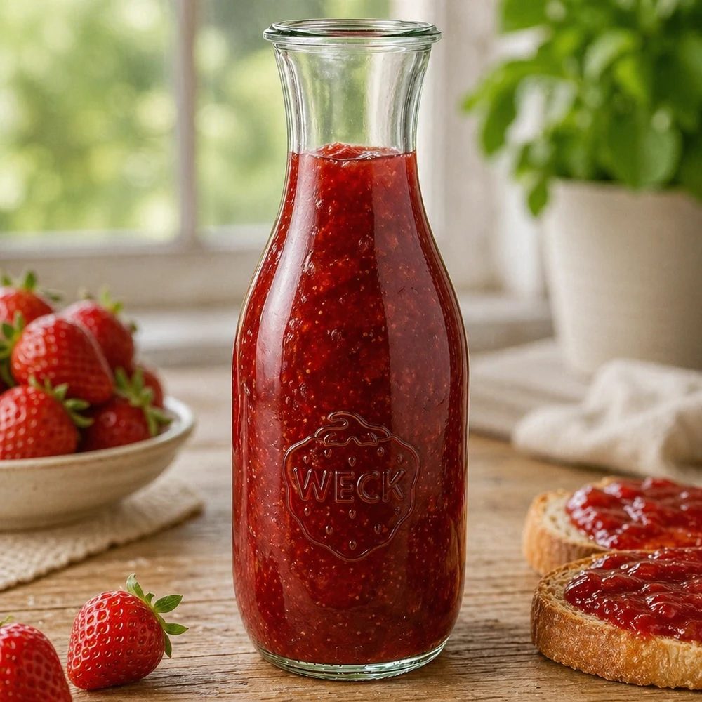 Botella de zumo WECK 1062ml RR60 llena de mermelada de fresa casera junto a rebanadas de pan y bayas frescas